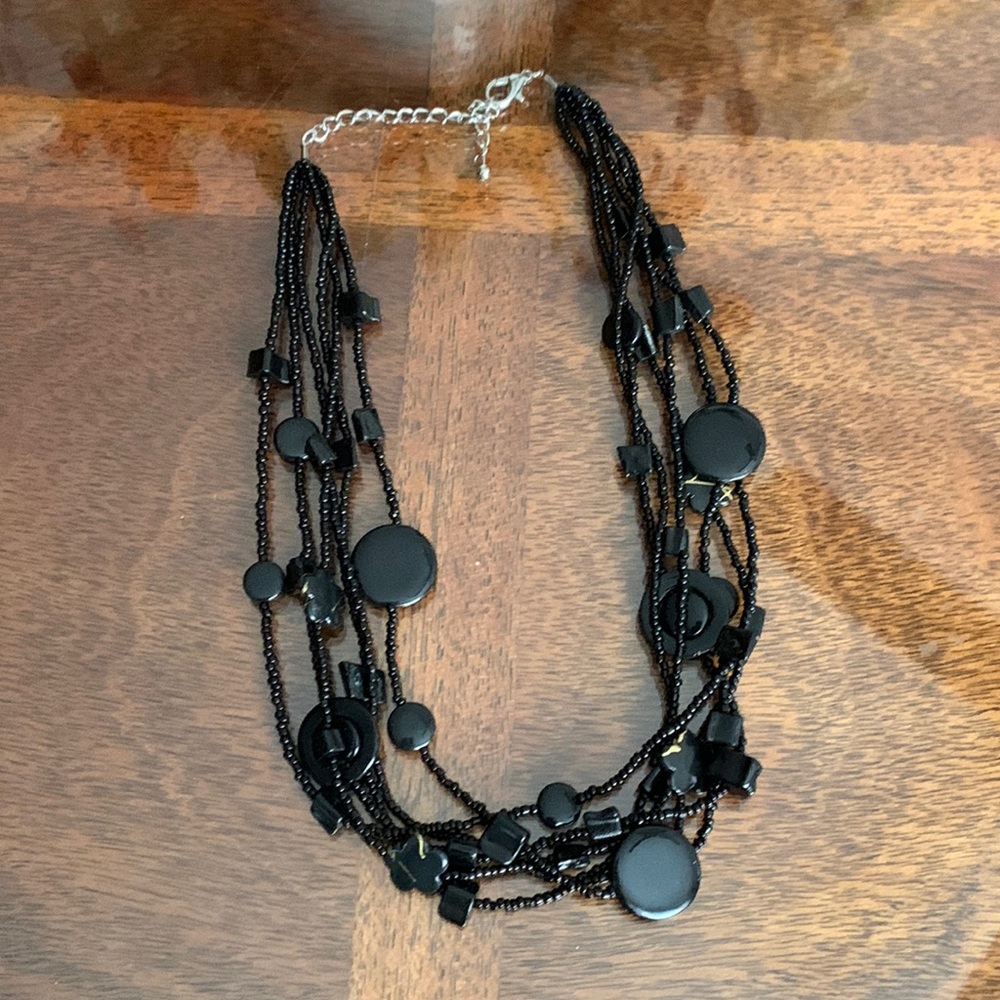 Elegant Black Ebony Strand Beaded Necklace Adjustable Bead Choker Multi Layer